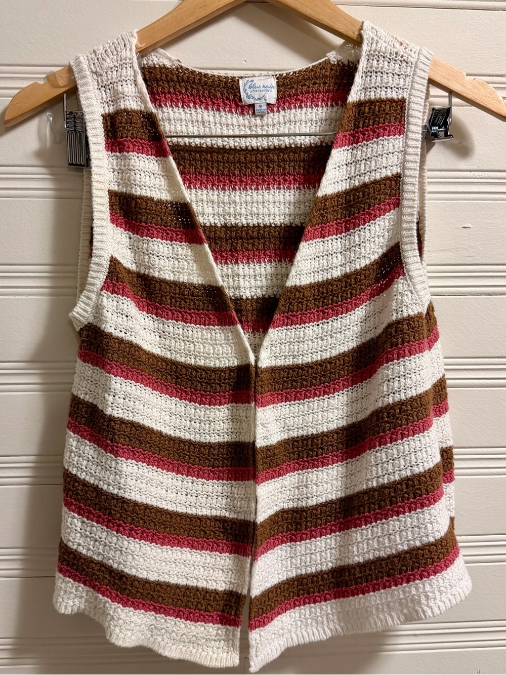 Francesca’s Crochet Sweater Vest Brown Cream Pink Boho Cottagecore S